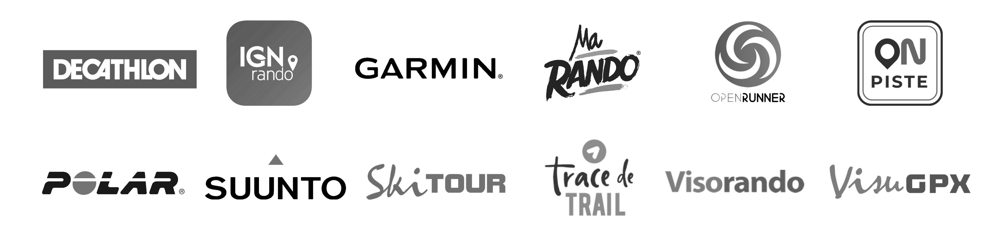Camptocamp, Suunto, Trace de trail, Decathlon, OpenRunner, Visorando, Garmin, OnPiste, Polar, IGNrando, SkiTour, VisuGPX